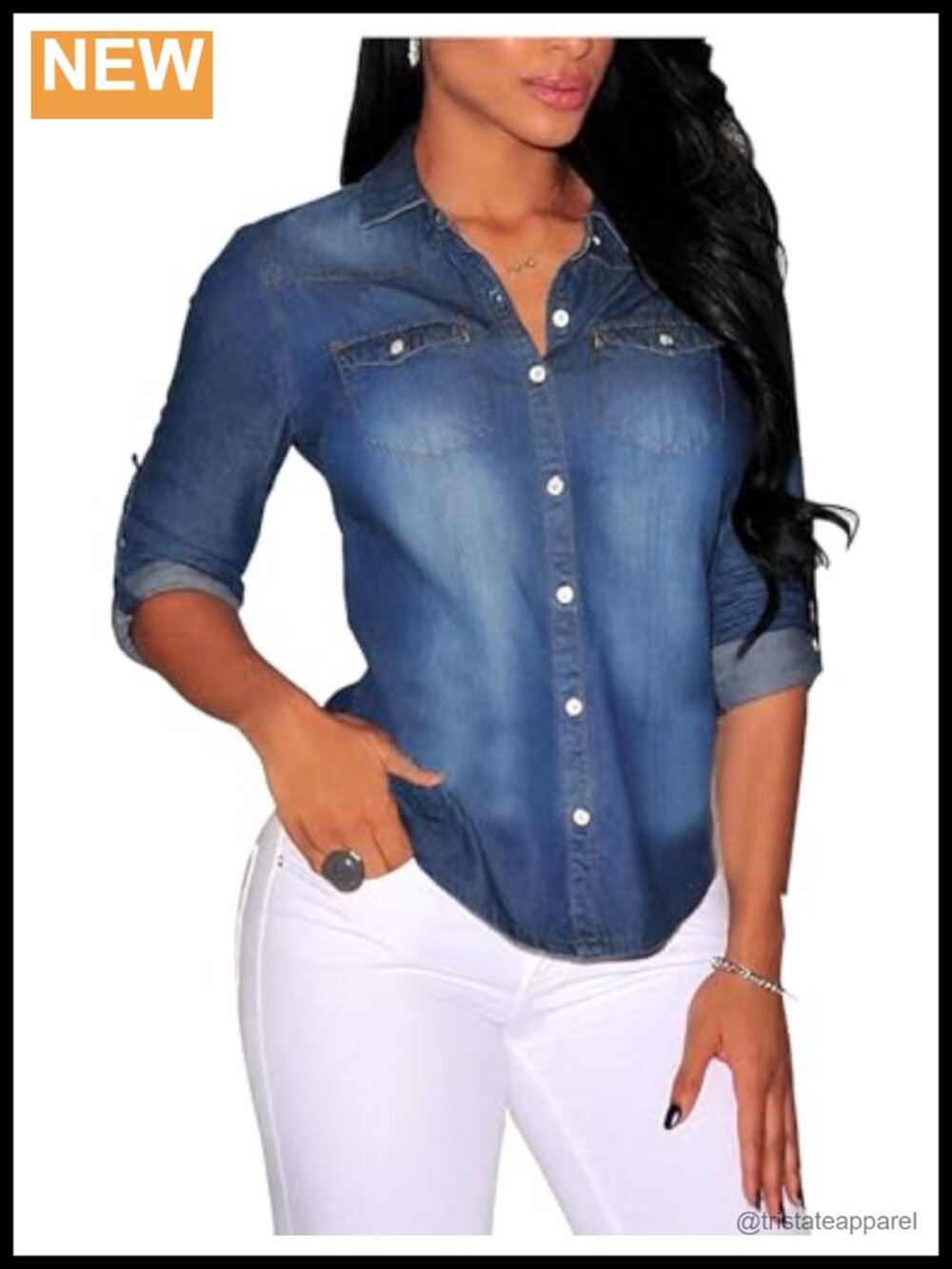 Women's Denim Jean Blouse Long Sleeve Button Down Shirt Casual Fall Top Plus
